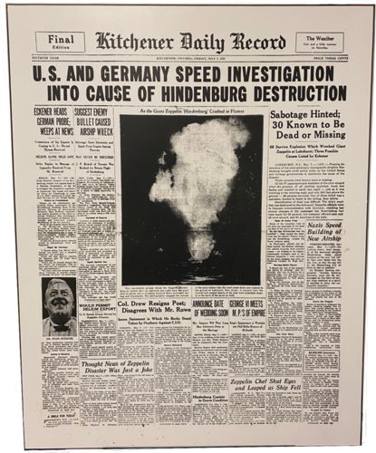 Image for Lot #30.4 Kitchener Daily Record Friday May 7th 1937 &ldquo;US and Germany Speed Investigation into Case of Hindenburg Destruction&rdquo;