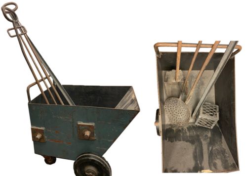Image for Lot #38.0 Solid Heavy Steel Cart on wheels with Steel Implements &ndash; one with square metal basket with lid and pin to lock 48&rdquo;, two with circular slots - small 45&rdquo; - large 53 &frac12;